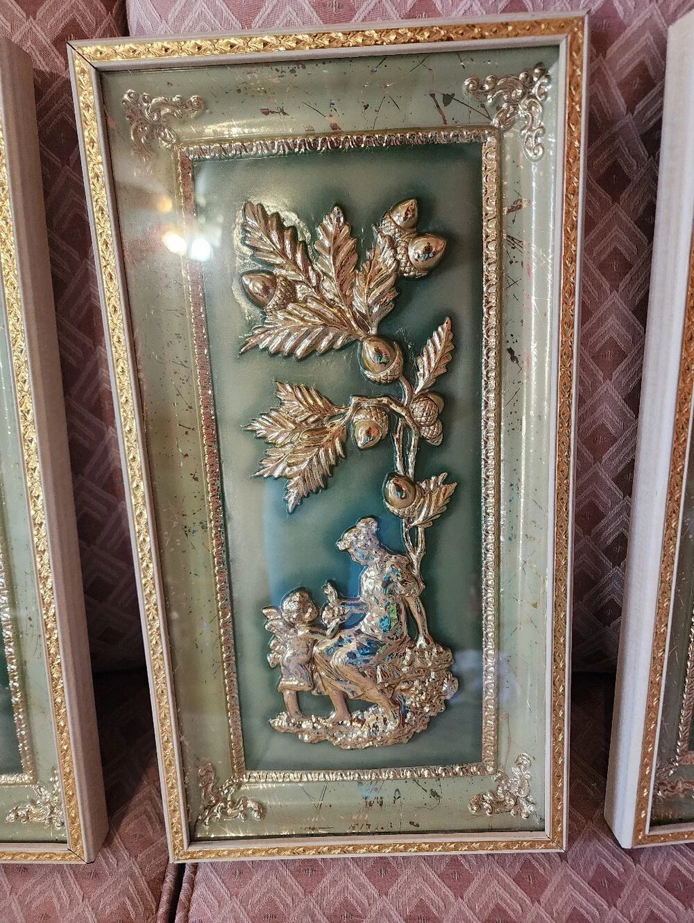Vintage MCM Metalcraft Four Seasons Wall Art Plaques Set of 4 Green Gold